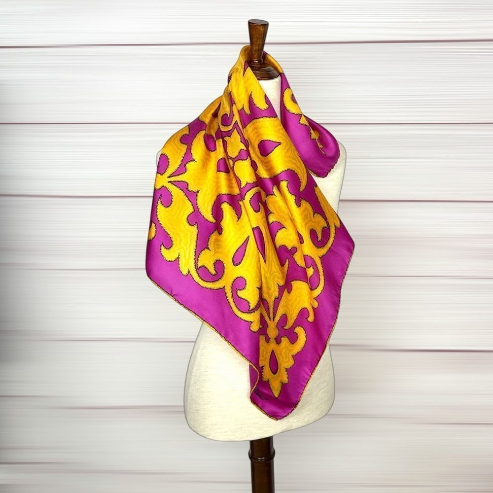Burmel Twill Silk Scarf Fuchsia Yellow Moroccan-style Pattern Hand Rolled Japan